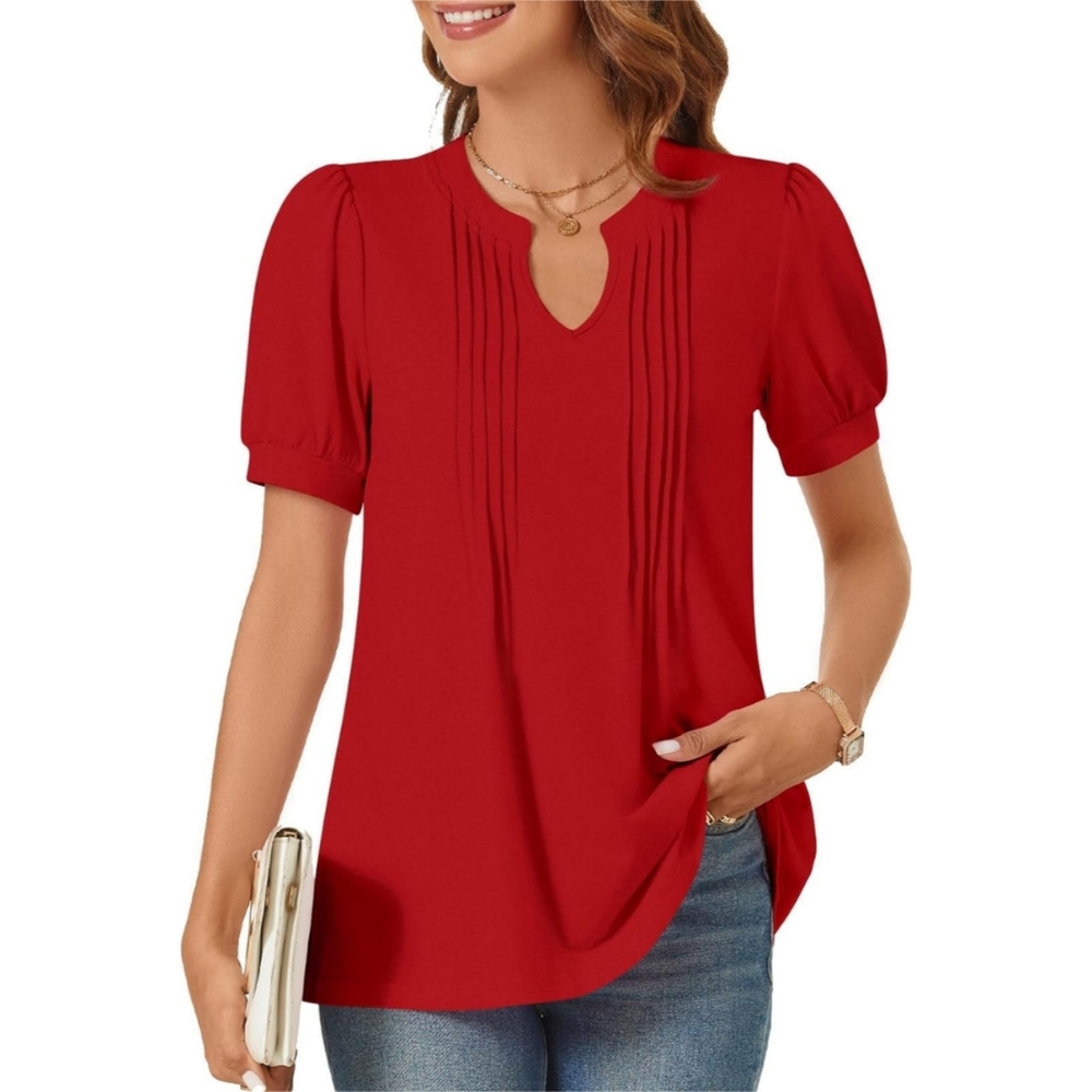 NEW Syoss Women's Pleated Front Split V Neck Puff Short Sleeve Super Soft Blouse